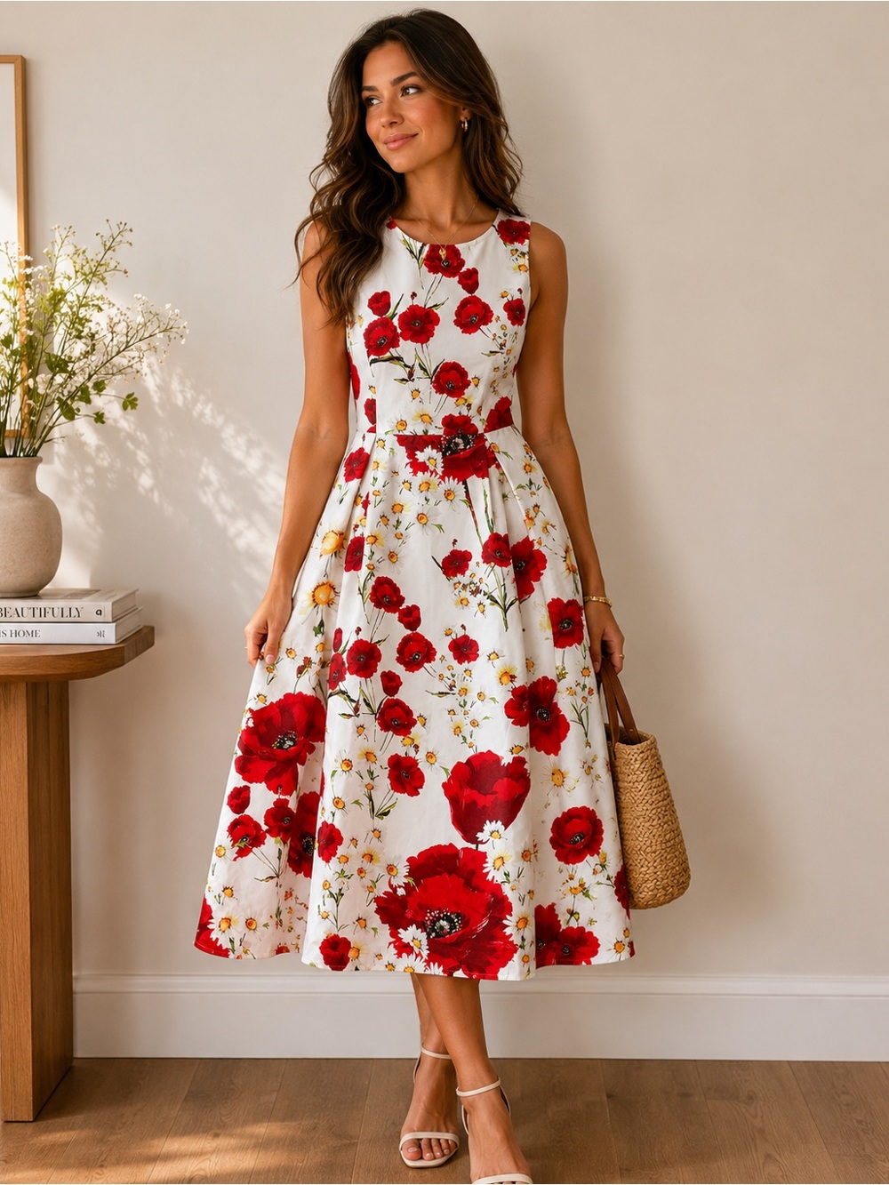 STYLEWE White Midi Dress with Red Poppy & Yellow Floral Accents